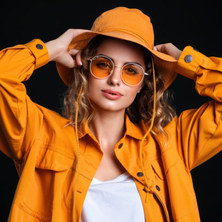A vibrant young woman wears a striking orange hat and stylish sunglasses, showcasing her personality and confidence against a dark backdrop.の素材