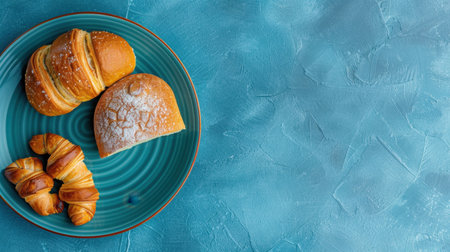 A beautiful arrangement of freshly baked pastries includes croissants and round rolls on a turquoise plate, creating an inviting and vibrant breakfast scene.の素材