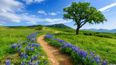 A picturesque path winds through a lush green meadow adorned with vibrant wildflowers and a striking tree under a brilliant blue sky. Perfect for nature lovers.の素材