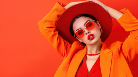 A fashionable young woman poses confidently in a vibrant orange outfit, complete with stylish sunglasses and a chic hat, set against a bold background.の素材