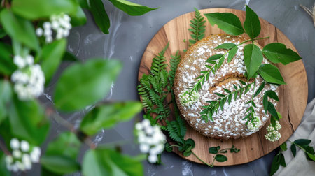 A beautifully presented cake surrounded by fresh green leaves on a wooden board, representing a perfect blend of nature and culinary art. Ideal for food lovers.の素材