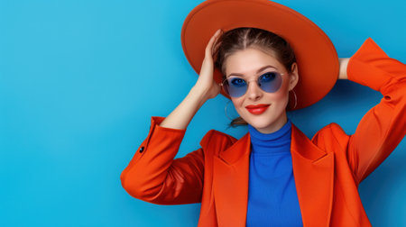 A stylish young woman showcases her dynamic fashion sense with an oversized orange hat and bold sunglasses, set against a vivid blue background.の素材