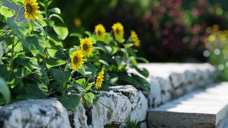 A beautiful arrangement of sunflowers blooms along a rustic stone wall, surrounded by lush greenery, creating a serene garden atmosphere. The soft sunlight filters through, adding warmth to the vibrant scene, perfect for showcasing nature's beauty.の素材