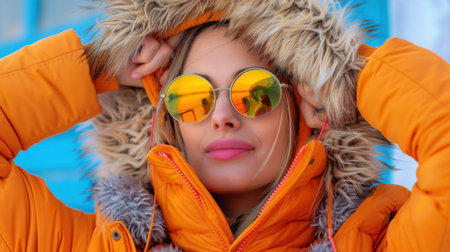 A stylish young woman enjoys a cold day, wearing a vibrant orange winter jacket and colorful sunglasses, radiating confidence and joy outdoors.の素材