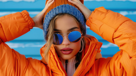 A stylish young woman showcases her fashion sense in a bright orange puffer jacket and blue beanie, embodying winter vibes with confidence and flair.の素材