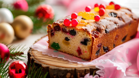 A vibrant fruit cake displayed on a wooden platter, adorned with decorative berries and greenery, perfect for festive celebrations and gatherings.の素材