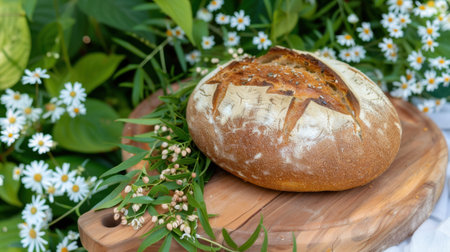 This image showcases a freshly baked artisan bread on a wooden cutting board, accentuated by a backdrop of lush greenery and delicate white flowers. Perfect for culinary themes.の素材