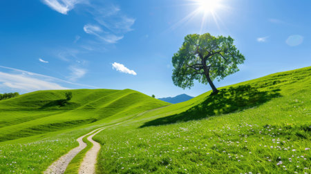A picturesque scene showcasing a tranquil landscape with rolling green hills, a solitary tree, and a winding pathway under a brilliant blue sky.の素材