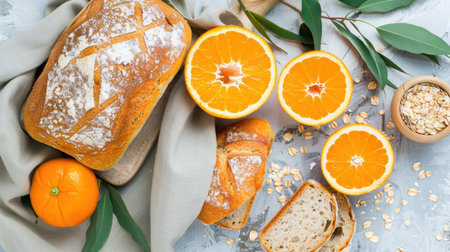 A captivating scene featuring freshly baked bread and vibrant sliced oranges, perfect for conveying wholesome cooking, breakfast inspiration, and rustic charm.の素材