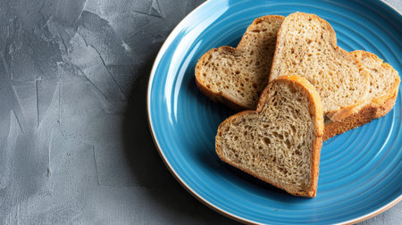 A charming arrangement of heart-shaped slices of bread on a vibrant turquoise plate, perfect for conveying love, warmth, or a cozy brunch experience.の素材