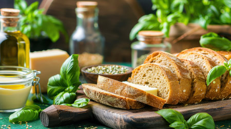 A beautiful rustic setup featuring freshly sliced whole grain bread with butter, aromatic green basil, and olive oil in a charming kitchen setting.の素材