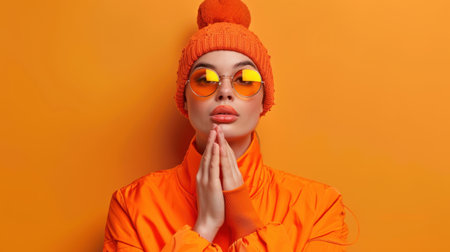 A fashionable woman showcases a vibrant orange outfit and trendy sunglasses, striking a confident pose against a bright orange backdrop.の素材