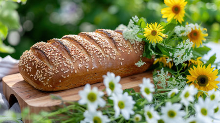 A beautiful display of freshly baked sesame bread rests on a wooden table, surrounded by colorful flowers in a vibrant garden setting, perfect for outdoor meals.の素材