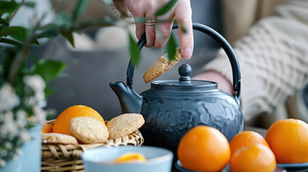 A cozy tea time setup featuring a black teapot, fresh oranges, and cookies, perfect for relaxation and moments of enjoyment in a home setting.の素材