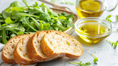 A vibrant setup featuring fresh slices of bread next to a bowl of leafy salad greens and olive oil, perfect for healthy meals and culinary inspiration.の素材