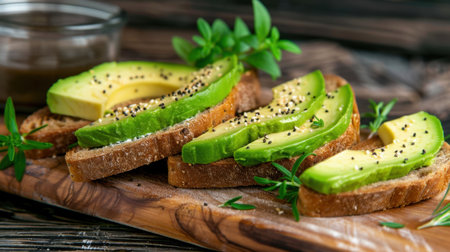 Indulge in a vibrant display of fresh avocado slices atop whole grain bread, garnished with herbs and olive oil, perfect for a healthy snack or meal.の素材