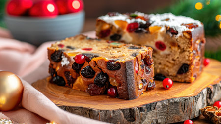 A beautifully presented slice of festive fruitcake showcasing a variety of dried fruits and nuts, perfect for holiday celebrations and gatherings.の素材