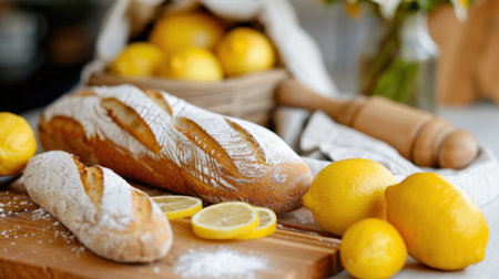 A delightful arrangement featuring freshly baked bread loaves with a rustic appearance, accompanied by vibrant yellow lemons and sliced citrus, perfect for culinary inspiration.の素材