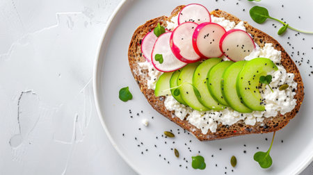 A vibrant open sandwich topped with creamy cottage cheese, fresh radish, and thin apple slices served on rustic bread. Perfect for a healthy meal.の素材