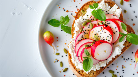 A delicious arrangement of fresh radish slices on creamy cheese toast, garnished with green herbs. Perfect for a healthy meal or snack inspiration.の素材