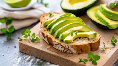 A close-up image of freshly sliced avocado served on rustic bread, garnished with microgreens, perfect for healthy meal ideas and culinary presentations.の素材