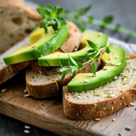 This image features a close-up of fresh avocado slices beautifully arranged on a rustic bread slice with herbs and seeds, highlighting healthy eating.の素材