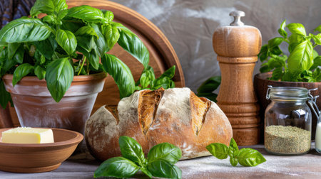 An inviting display featuring freshly baked artisan bread surrounded by lush basil leaves, butter, and various cooking tools on a rustic table.の素材