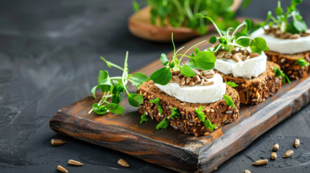A beautifully arranged serving of open-faced sandwiches topped with cream cheese and fresh herbs, garnished with sunflower seeds, perfect for healthy meals.の素材