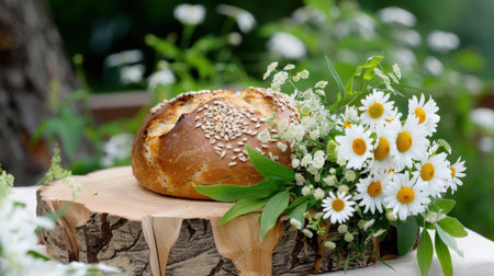 A beautifully styled loaf of artisan bread placed on a rustic wooden slice, accompanied by fresh daisies and greenery, creating a warm and inviting scene.の素材