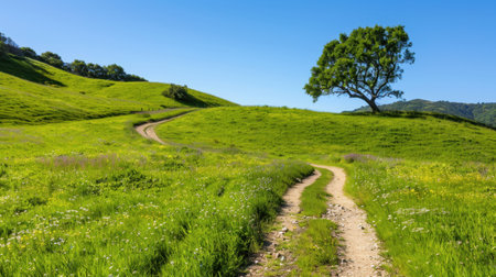 Beautiful rural landscape featuring a winding pathway through vibrant green hills, a solitary tree, and a clear blue sky, ideal for nature lovers.の素材