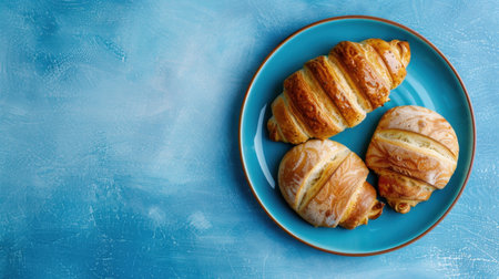 A vibrant blue plate showcases three freshly baked croissants, golden and flaky, perfect for breakfast, brunch, or an enticing bakery display.の素材