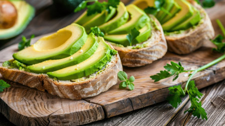 A vibrant image of fresh avocado toast topped with green herbs, placed on a rustic wooden board, perfect for capturing healthy culinary moments.の素材