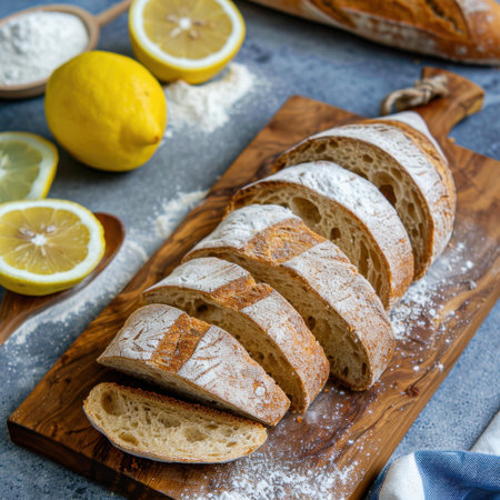 This image showcases freshly sliced artisan bread elegantly arranged on a rustic wooden board, accompanied by vibrant lemons and flour. Perfect for culinary inspiration.の素材