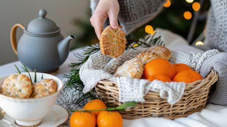 A cozy home scene showcasing a basket of fresh oranges and baked treats, complemented by a charming teapot, perfect for a warm afternoon gathering.の素材
