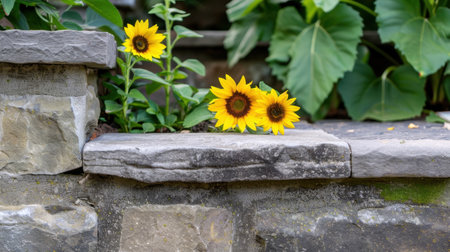 A stunning arrangement of bright sunflowers rests on a stone edge amidst lush greenery, capturing the essence of a serene outdoor garden setting.の素材