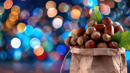 A delightful arrangement of freshly harvested nuts in a brown paper bag, beautifully set against a shimmering backdrop of colorful bokeh lights, perfect for festive occasions.の素材