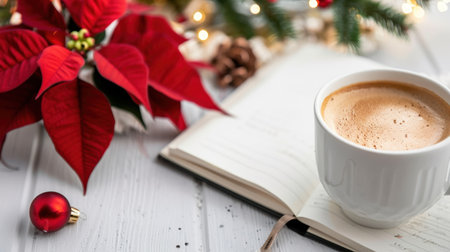 A cozy holiday scene featuring a warm cup of coffee beside a notebook and vibrant poinsettia. This image captures the essence of winter cheer and festive spirit, perfect for conveying comfort, relaxation, and seasonal joy during the holidays.の素材