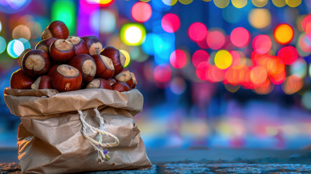 A cozy paper bag filled with freshly roasted chestnuts stands out against a vibrant bokeh background, capturing the essence of urban nightlife and winter festivities.の素材