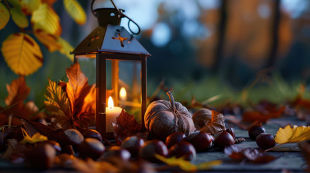 This serene autumn scene features a charming pumpkin beside a glowing lantern. Surrounding the lantern are colorful leaves and chestnuts, creating a warm, inviting atmosphere perfect for fall.の素材