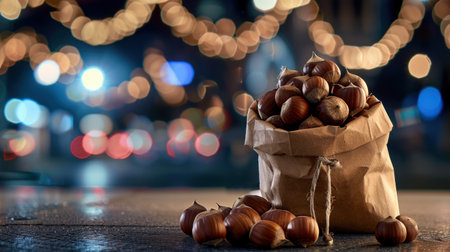 A charming paper bag filled with hazelnuts sits gracefully on a rustic surface, surrounded by twinkling lights above, creating a cozy atmosphere perfect for celebration.の素材
