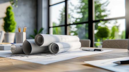A bright and inviting modern workspace features architectural blueprints and plans rolled up on a wooden table, surrounded by lush green plants.の素材