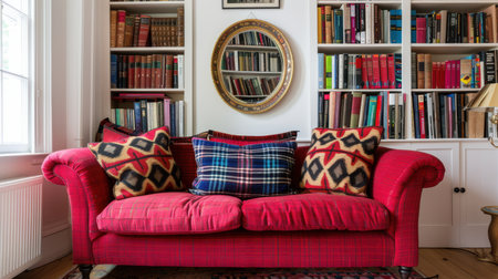 A charming living room scene featuring a vibrant red couch adorned with decorative pillows, surrounded by shelves brimming with books and a stylish round mirror.の素材
