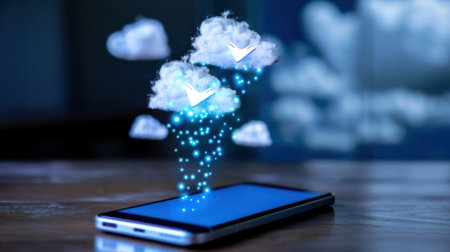 This image showcases a creative representation of digital cloud technology, featuring a smartphone displaying abstract clouds and icons, symbolizing data communication and storage.の素材