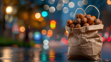 A brown paper bag overflowing with assorted nuts is showcased on a wet street. The vibrant bokeh lights create a warm and inviting nighttime atmosphere.の素材