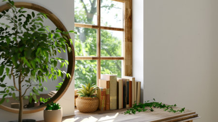 A serene interior scene featuring a bright window, lush potted plants, neatly arranged books, and a stylish round mirror, creating a cozy and inviting atmosphere.の素材
