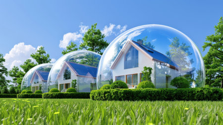 This image showcases innovative eco-friendly houses encased in transparent domes, highlighting a harmonious blend of nature and modern architecture.の素材
