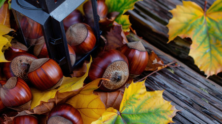 This close-up scene showcases acorns nestled among vibrant yellow leaves on a wooden surface, enhanced by a decorative lantern. Perfect for autumn themes.の素材