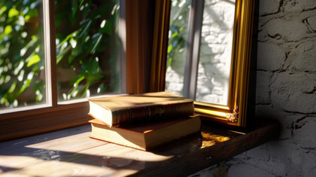 A serene view of a cozy room featuring vintage books and an elegant frame beside a window, illuminated by warm sunlight and lush greenery.の素材