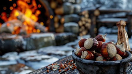 A rustic bowl of freshly roasted chestnuts surrounded by warm firelight and a snowy landscape, perfect for evoking the essence of cozy winter gatherings.の素材