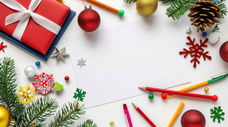 Capture the spirit of the festive season with this vibrant scene of holiday decorations featuring gifts, ornaments, and a blank card for personal messages.の素材